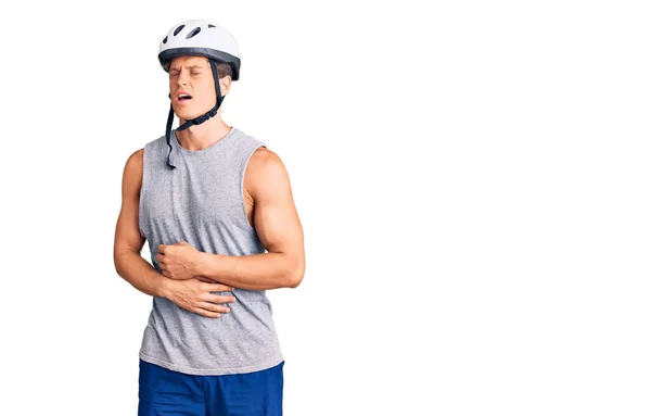 Young Handsome Man Wearing Bike Helmet Hand Stomach Because Nausea — Stock Photo, Image