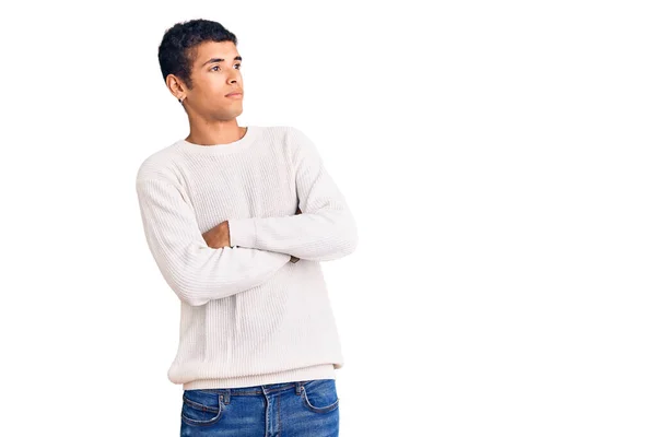 Young African Amercian Man Wearing Casual Clothes Looking Side Arms — Stock Photo, Image