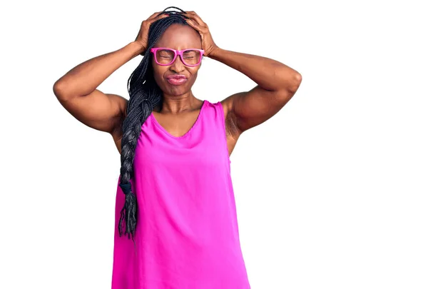 Young African American Woman Wearing Casual Clothes Glasses Suffering Headache — Stock Photo, Image
