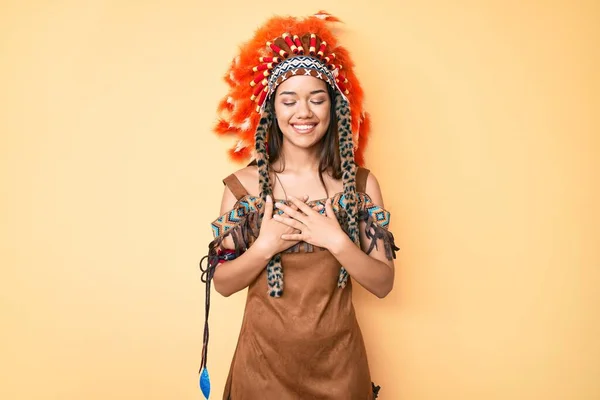 Young Beautiful Latin Girl Wearing Indian Costume Smiling Hands Chest — Stock Photo, Image