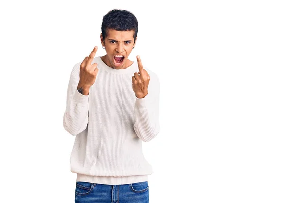 Young African Amercian Man Wearing Casual Clothes Showing Middle Finger — 图库照片