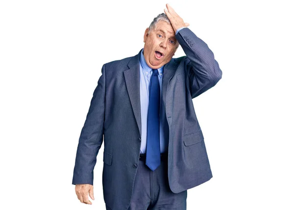Senior Grey Haired Man Wearing Business Jacket Surprised Hand Head — Stock Photo, Image