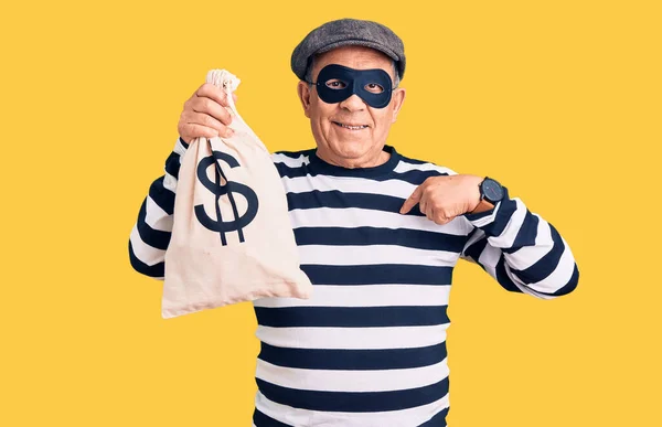 Hırsız Maskesi Takmış Yakışıklı Bir Adam Para Çantası Tutuyor Gülümseyen — Stok fotoğraf