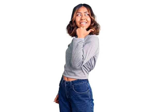 Young Beautiful Mixed Race Woman Wearing Casual Clothes Smiling Happy — Stock Photo, Image