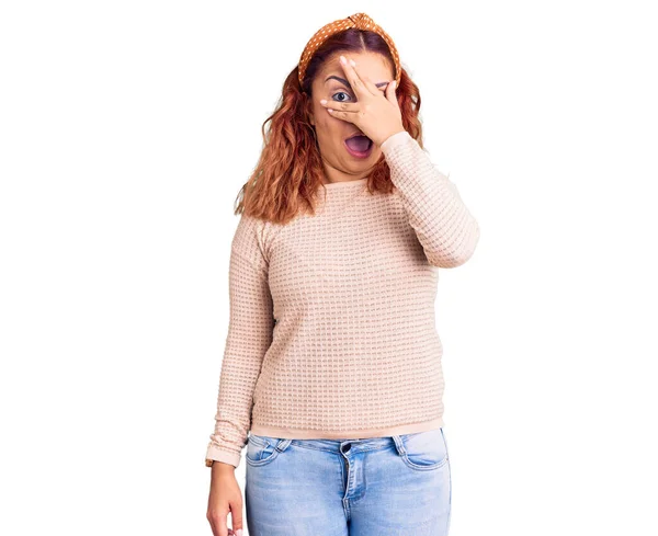 Young Latin Woman Wearing Casual Clothes Diadem Peeking Shock Covering — Stock Photo, Image