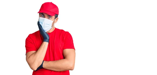 Young Hispanic Man Wearing Covid Safety Mask Thinking Looking Tired — Stock Photo, Image