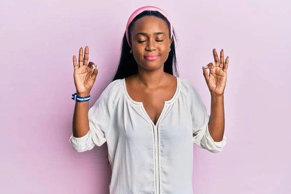 Young African Woman Wearing Casual Clothes Pink Background Relax Smiling — Stock Photo, Image