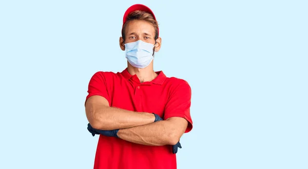 Handsome Blond Man Beard Wearing Delivery Uniform Medical Mask Happy — Stock Photo, Image