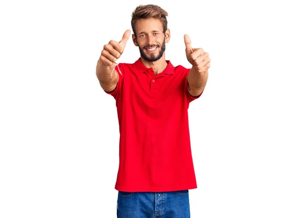 Handsome Blond Man Beard Wearing Casual Clothes Approving Doing Positive — Stock Photo, Image
