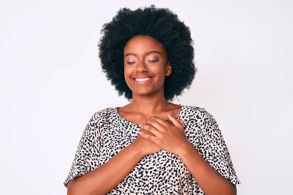 Young African American Woman Wearing Casual Clothes Smiling Hands Chest — Stock Photo, Image