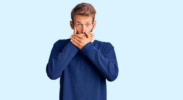 Handsome Blond Man Beard Wearing Casual Sweater Shocked Covering Mouth — Stock Photo, Image