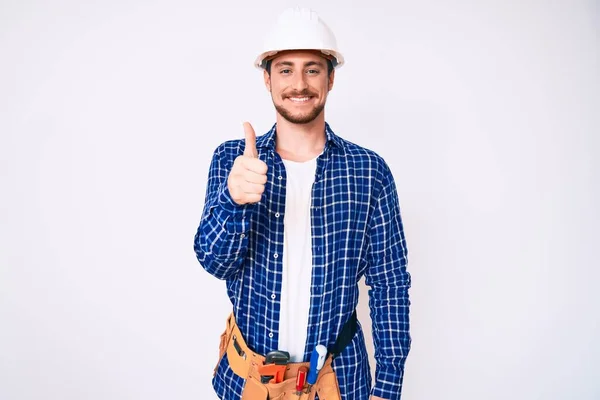 Joven Hombre Guapo Weaing Manitas Uniforme Sonriendo Feliz Positivo Pulgar —  Fotos de Stock