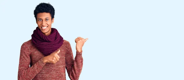 Young African American Man Wearing Casual Winter Sweater Scarf Pointing — Stock Photo, Image