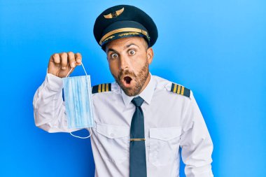 Sakallı, uçak pilotu üniforması giyen, güvenlik maskesi takan yakışıklı, ağzı açık, korkmuş ve şaşırmış bir adam. 