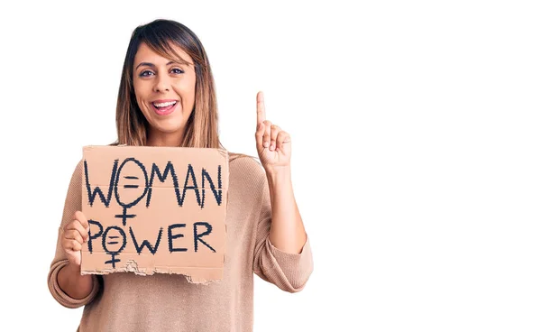 Jonge Mooie Vrouw Met Vrouw Macht Banner Verrast Met Een — Stockfoto