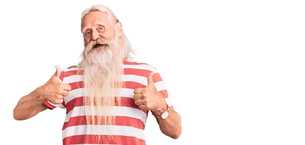 Old Senior Man Grey Hair Long Beard Wearing Striped Tshirt — Stock Photo, Image