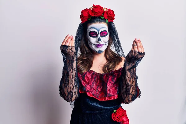 Young Woman Wearing Day Dead Costume White Doing Money Gesture — Stock Photo, Image