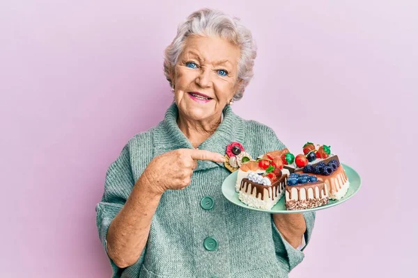 Ältere Grauhaarige Frau Hält Teller Mit Kuchenscheiben Und Lächelt Glücklich — Stockfoto