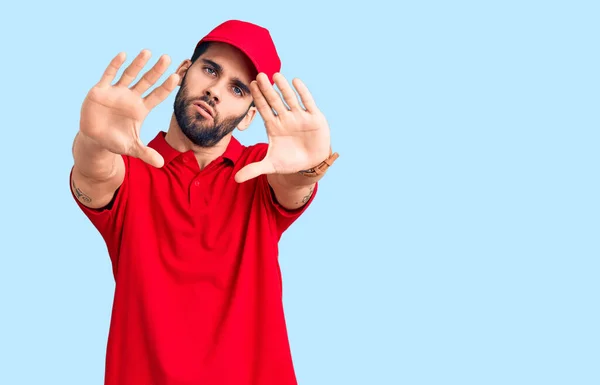 Young Handsome Man Beard Wearing Delivery Uniform Doing Frame Using — Stock Photo, Image