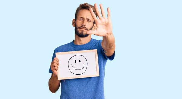 Handsome Blond Man Beard Holding Blackboard Happy Face Open Hand — Stock Photo, Image