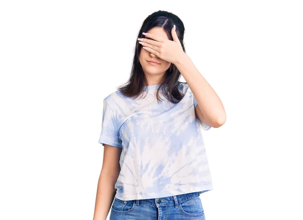 Young Beautiful Girl Wearing Casual Shirt Covering Eyes Hand Looking — Stock Photo, Image