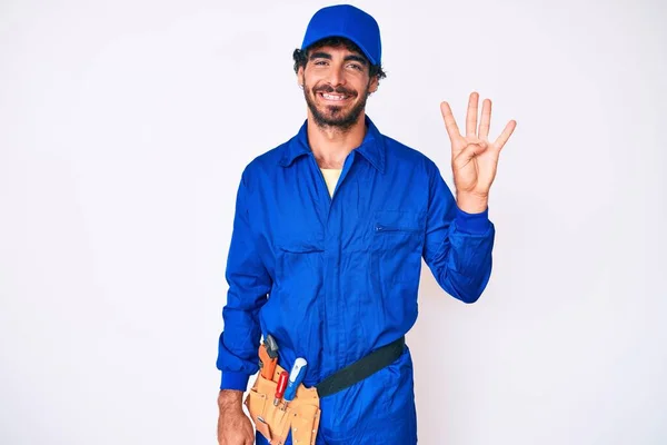 Handsome Young Man Curly Hair Bear Weaing Handyman Uniform Showing — Stock Photo, Image