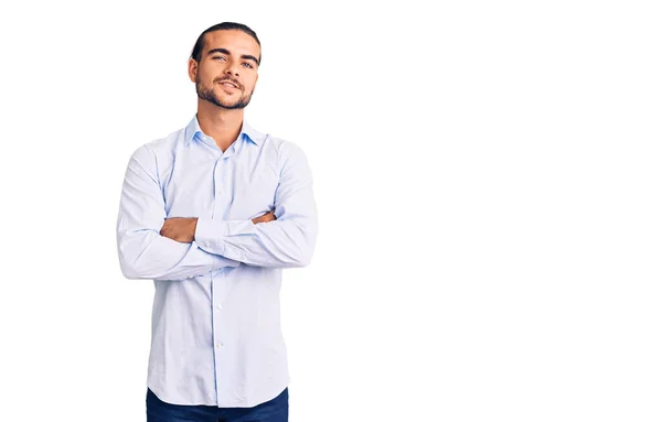 Jeune Homme Beau Portant Des Vêtements Travail Visage Heureux Souriant — Photo