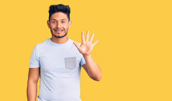 Handsome Latin American Young Man Wearing Casual Clothes Showing Pointing — Stock Photo, Image