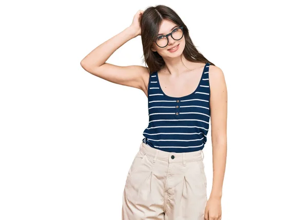 Joven Hermosa Chica Caucásica Con Ropa Casual Gafas Confunden Preguntan — Foto de Stock