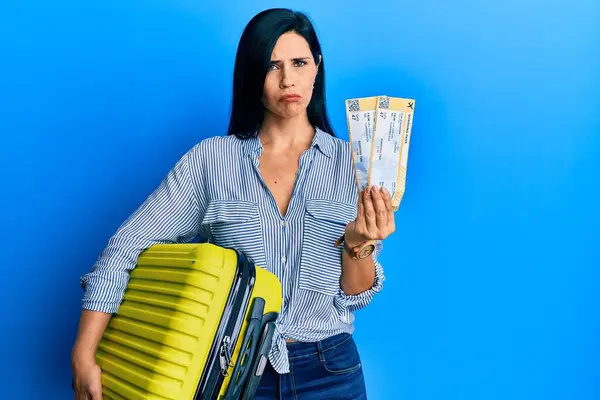 Young Caucasian Woman Holding Cabin Suitcase Boarding Tickets Depressed Worry — Stock Fotó