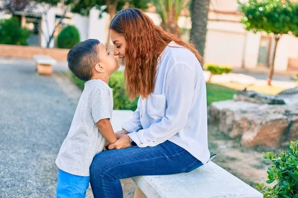 Adorable Latin Mother Son Lovely Gesture Sitting Bench Park — Stock Photo, Image