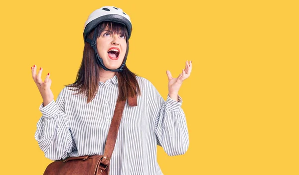 Young Size Woman Wearing Bike Helmet Leather Bag Crazy Mad — Stock Photo, Image