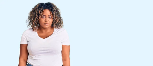 Young African American Size Woman Wearing Casual Clothes Depressed Worry — Stock Photo, Image