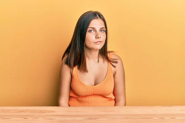 Young Caucasian Woman Wearing Casual Clothes Sitting Table Looking Sleepy — Stok fotoğraf