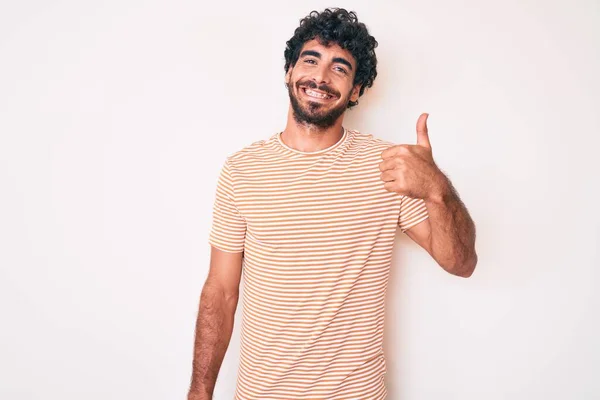 Handsome Young Man Curly Hair Bear Wearing Casual Striped Tshirt — Stock fotografie