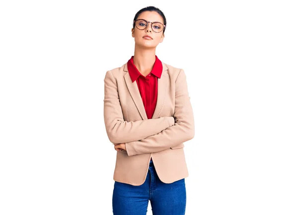 Young Beautiful Woman Wearing Business Shirt Glasses Relaxed Serious Expression — Stock Photo, Image