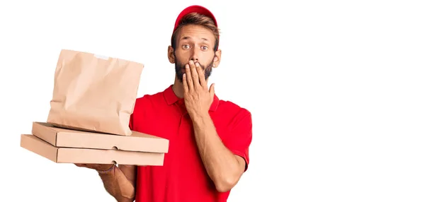 Handsome Blond Man Beard Holding Take Away Food Covering Mouth — Stock Photo, Image