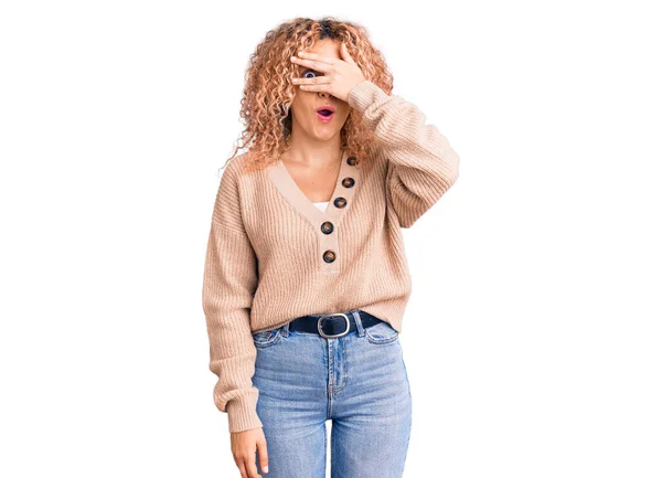 Young Blonde Woman Curly Hair Wearing Casual Winter Jumper Peeking — Stock Photo, Image