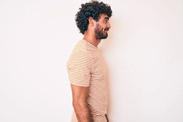 Handsome Young Man Curly Hair Bear Wearing Casual Striped Tshirt — 图库照片