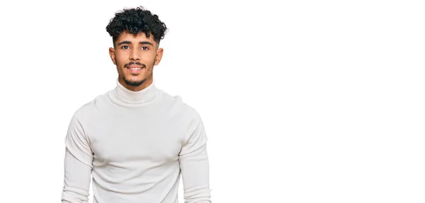 Jonge Arabier Man Draagt Casual Winter Trui Met Een Vrolijke — Stockfoto