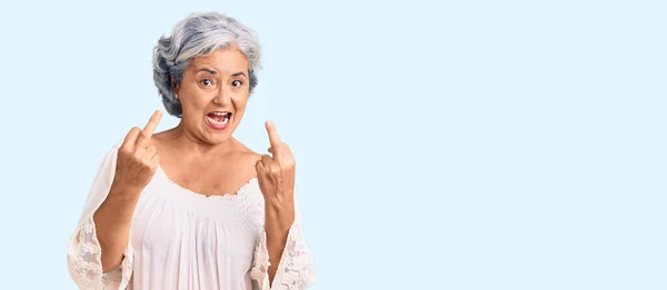 Senior Woman Gray Hair Wearing Bohemian Style Showing Middle Finger — ストック写真