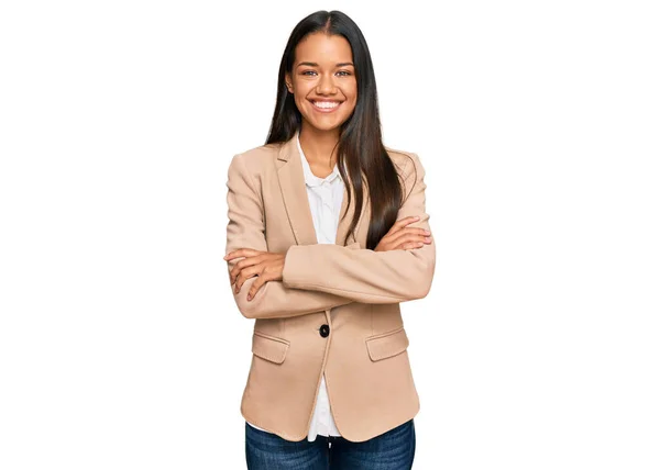 Mulher Hispânica Bonita Vestindo Jaqueta Negócios Rosto Feliz Sorrindo Com — Fotografia de Stock