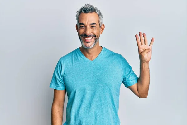 Middle Age Grey Haired Man Wearing Casual Clothes Showing Pointing — Stock Photo, Image