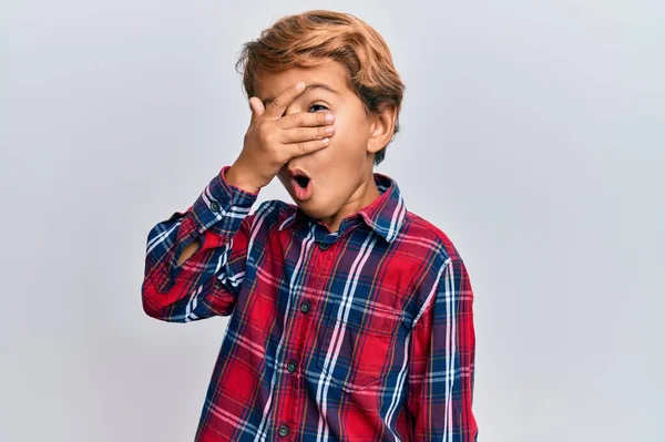 Adorable Latin Kid Wearing Casual Clothes Peeking Shock Covering Face — Stock Photo, Image