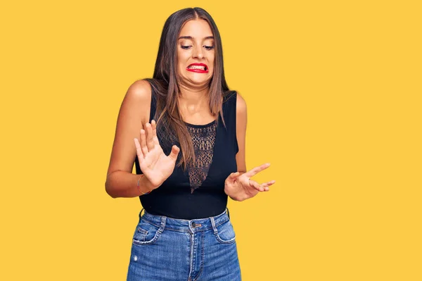 Young Hispanic Woman Wearing Casual Clothes Disgusted Expression Displeased Fearful — Stock Photo, Image