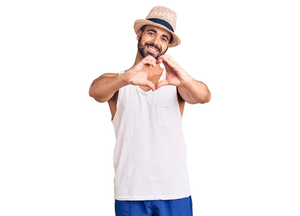 Young Hispanic Man Wearing Casual Summer Hat Smiling Love Doing — 图库照片