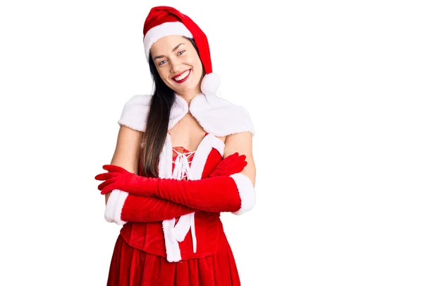 Joven Hermosa Mujer Caucásica Vistiendo Traje Santa Claus Cara Feliz — Foto de Stock