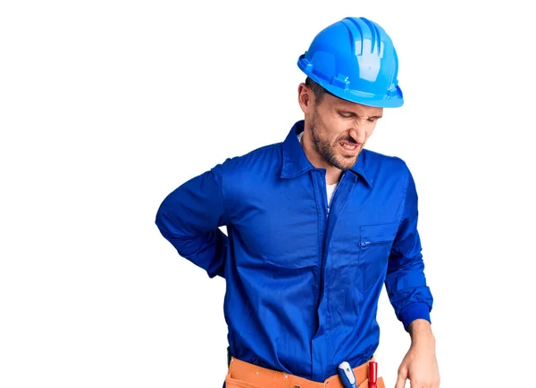 Junger Gutaussehender Mann Arbeiter Uniform Und Harthut Der Unter Nackenschmerzen — Stockfoto