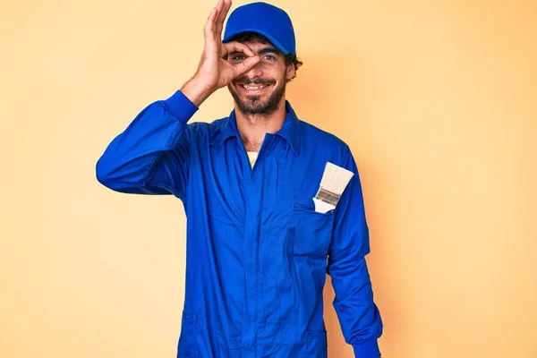 Handsome Young Man Curly Hair Bear Wearing Builder Jumpsuit Uniform — Stockfoto