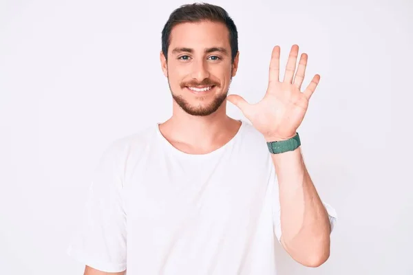 Joven Hombre Guapo Con Camiseta Blanca Casual Mostrando Apuntando Hacia — Foto de Stock